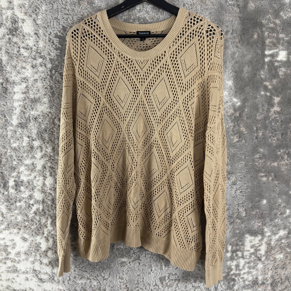 Torrid Plus Size 2 Diamond Crochet Knit Boho Pullover‎ Sweater Tan Long Sleeve